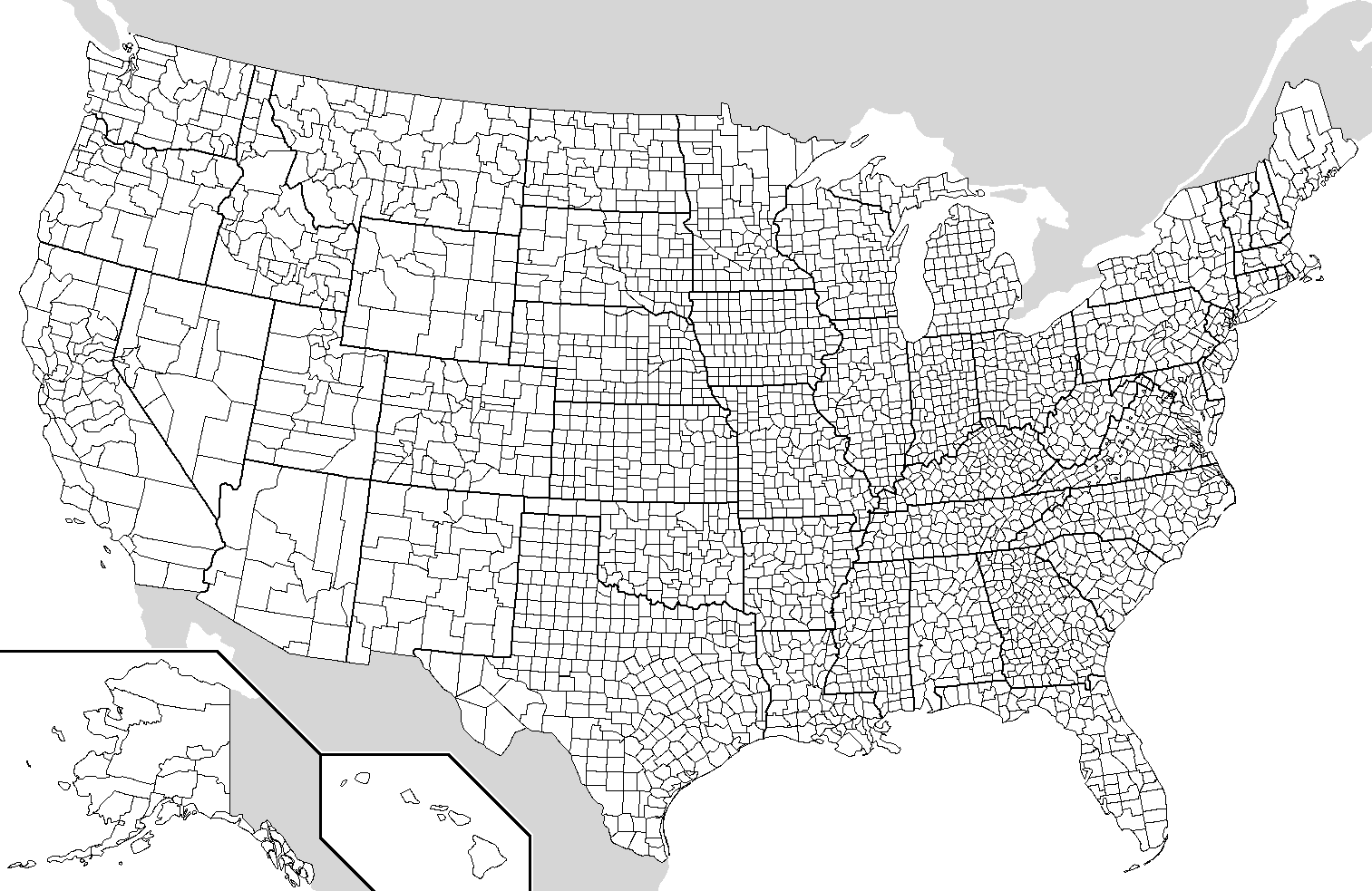 Image - Map of USA with county outlines (black & white).png | Alternate