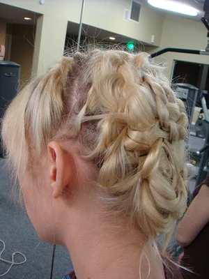 Blond hair done up in a very complex braid.