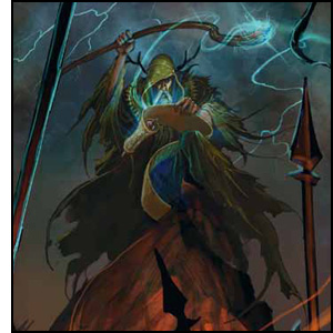 Old druid surrounded by lightning and dark storm clouds