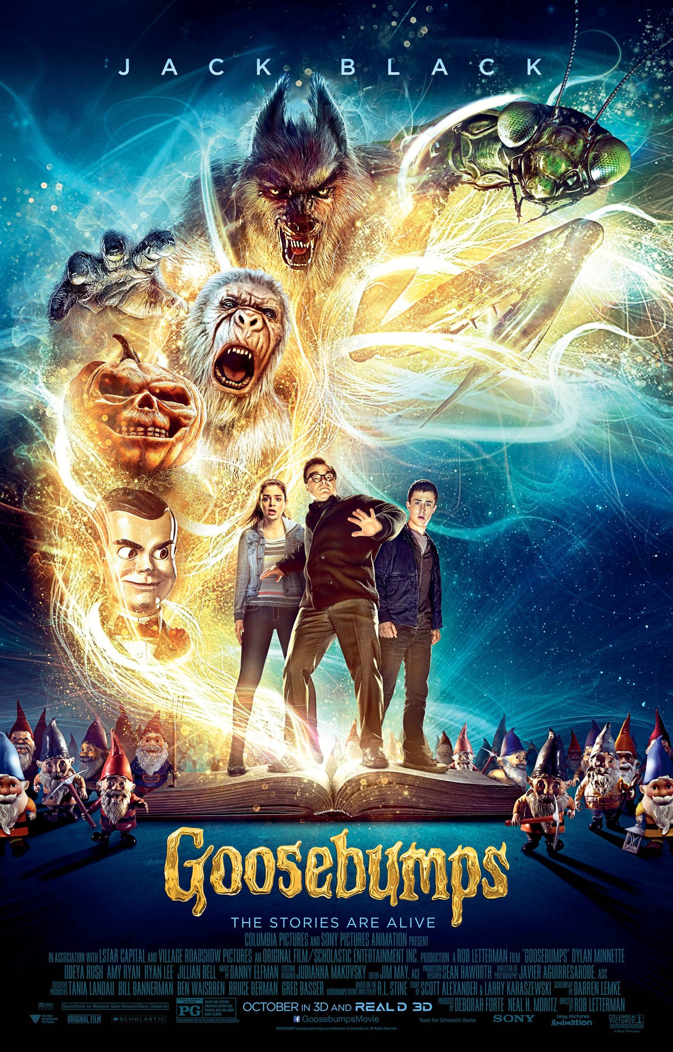 Three people stand in the center while scary creatures of all sorts surround them. Movie poster. 