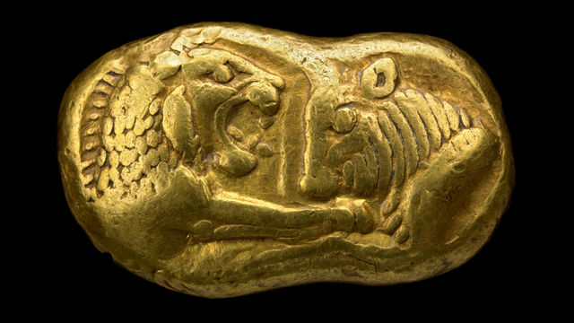 Gold coin of Croesus that was made around 550 BC in the Lydian Empire.