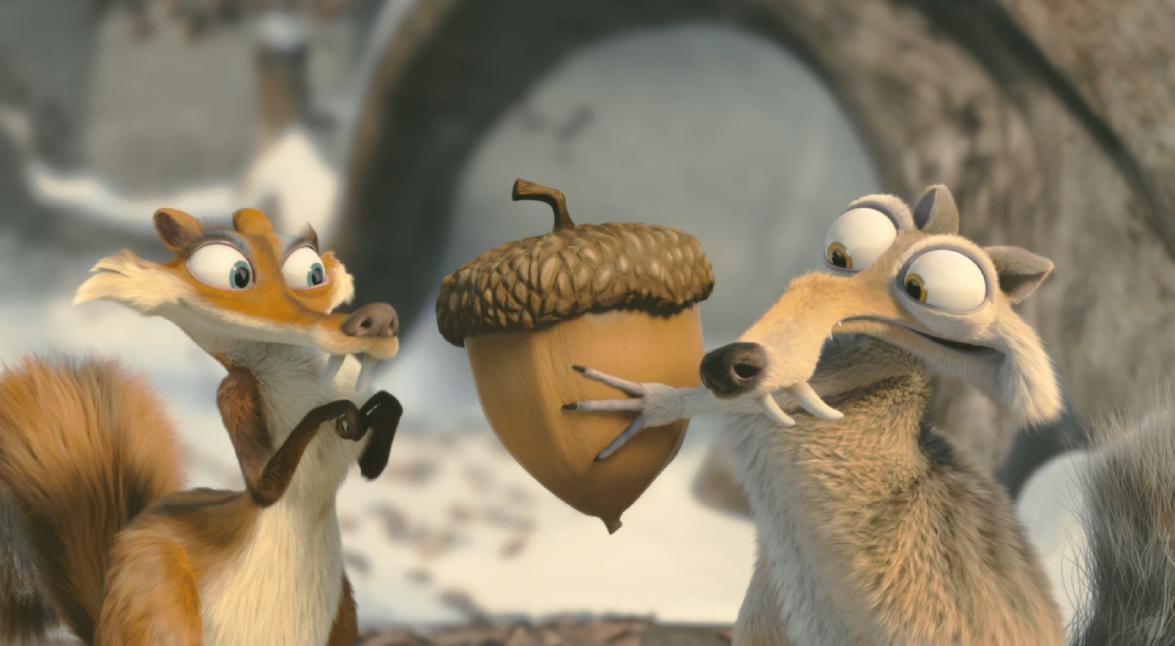 Scrat graciously offers his acorn to Scratte as a peace offering. (Credit: Twentieth Century Fox via iceage.wikia.com)