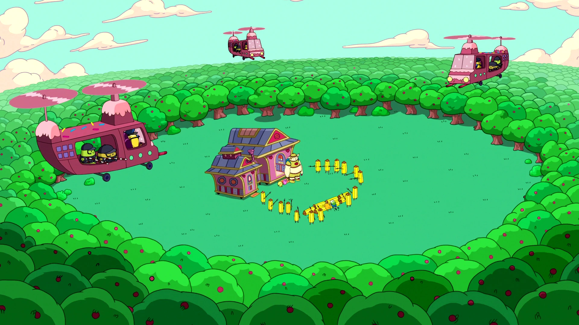 Image S6e26 Helicopters and Banana Guards surrounding Tree Trunks