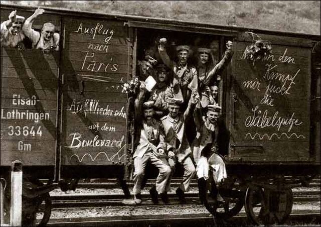 File:German soldiers in a railroad car on the way to the front during early World War I, taken in 1914 Taken from greatwar nl site.jpg
