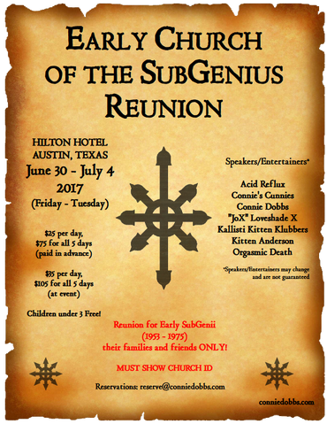 The Early Church of the SubGenius Reunion, one of the inspirations for The Gathering at The Grove. The use of this image from the Early Church of the SubGenius, www.conniedobbs.com, is permitted by the copyright holder. It is under a CC BY-SA 3.0 license.