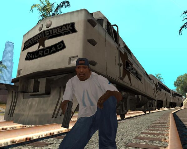 Archivo:CJ y el Brown Streak GTA SA.jpg