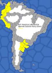 "Map showing South American provinces affected by The American Colonial Policy event"