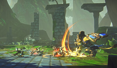 Kerra warrior fighting kobolds in Feerrott