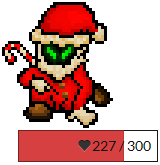 A shadowy figure with green, glowing eyes wears a red Santa suit. Below him, a red health bar displays his health as 227 out of 300.