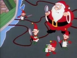 Santa and elves searching on the map