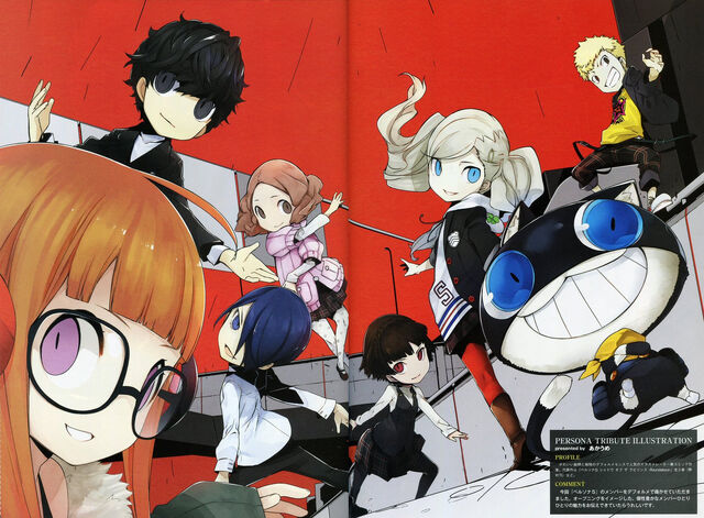 File:P5 Illustration of the main characters by Akaume (PQ Roundbout illustrator).jpg