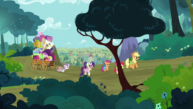 File:Applejack, Rarity and the CMC walking S3E06.png