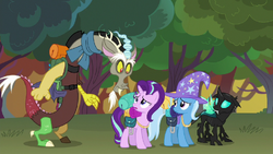 Trixie, Thorax, and Discord look at Starlight Glimmer S6E25