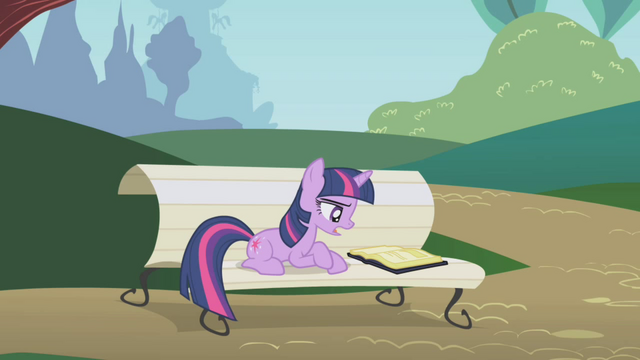File:Twilight Sparkle reading on bench ignoring Pinkie Pie S1E05.png