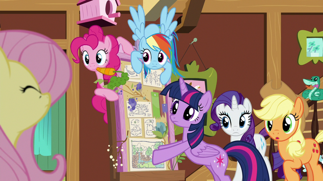 File:Main ponies staring at Fluttershy S7E5.png