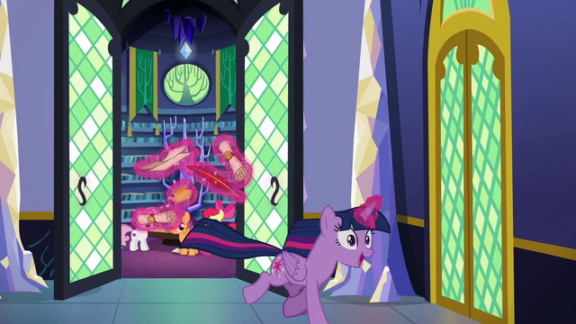 File:Twilight excitedly gallops out of the castle library S6E19.png