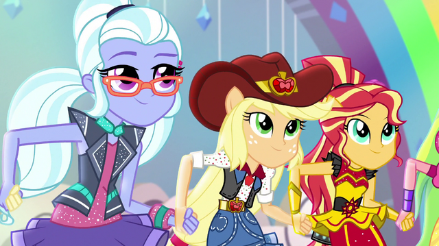 File:Sugarcoat, Applejack, and Sunset about to jump EGS1.png