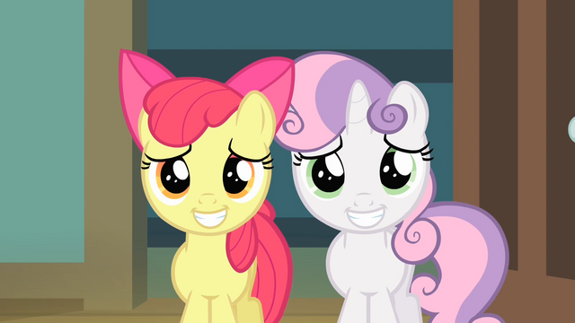 File:Apple Bloom and Sweetie Belle putting on a grin S4E05.png