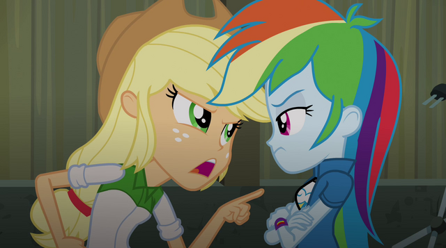 File:Applejack pointing at Rainbow EG2.png