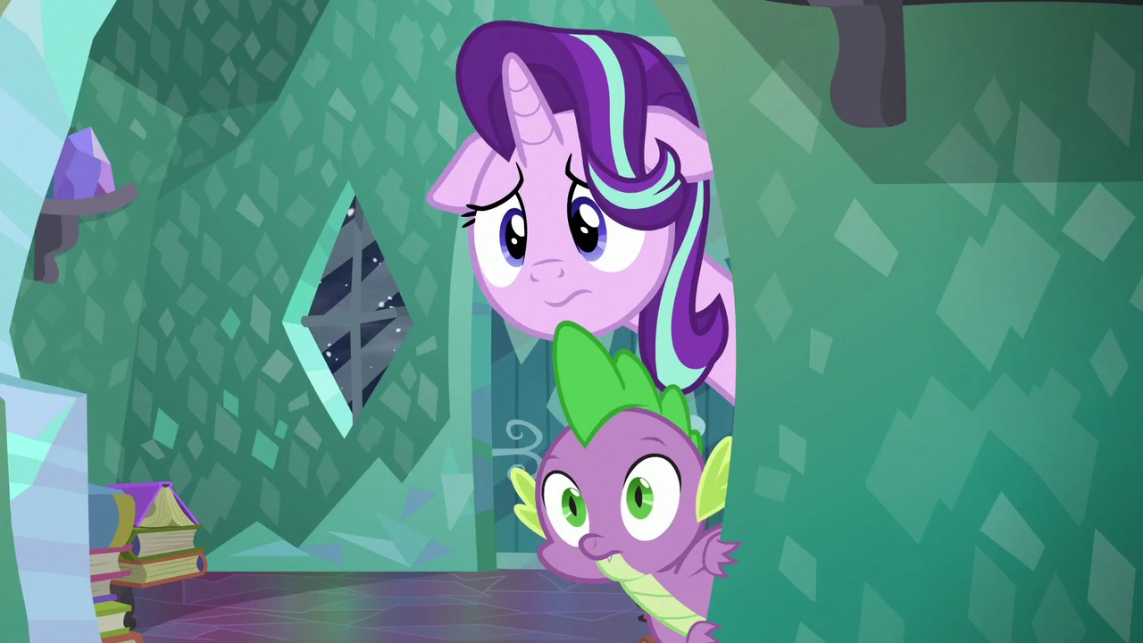 Image - Starlight Glimmer and Spike looking at Sunburst S6E2.png | My