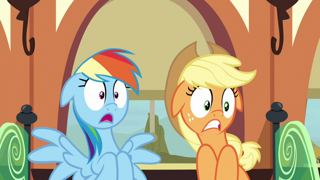File:Rainbow and Applejack shocked by Fluttershy's outburst S6E18.png