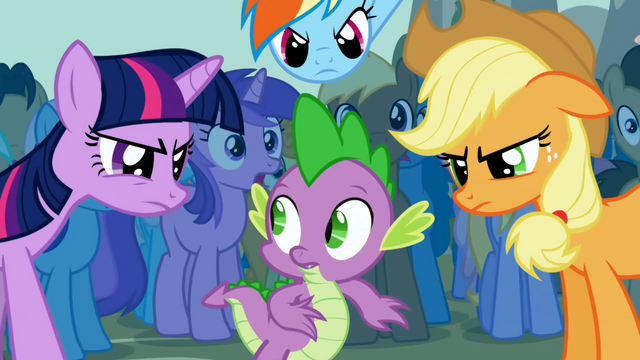 File:Twilight, Rainbow Dash and Applejack are angry at Spike S01E06.png