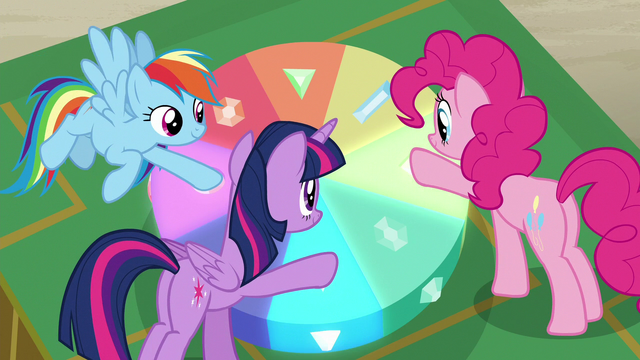 File:Twilight, Pinkie, and Rainbow press three buttons S7E2.png
