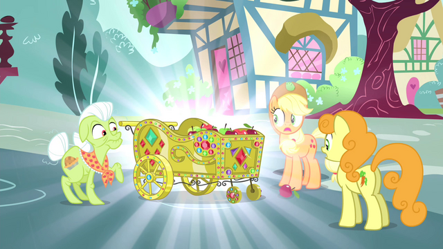 File:Applejack, Granny and Golden Harvest sees a beautified apple cart S4E23.png