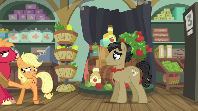 File:Applejack pushing Big Mac out of Rich's store S6E23.png
