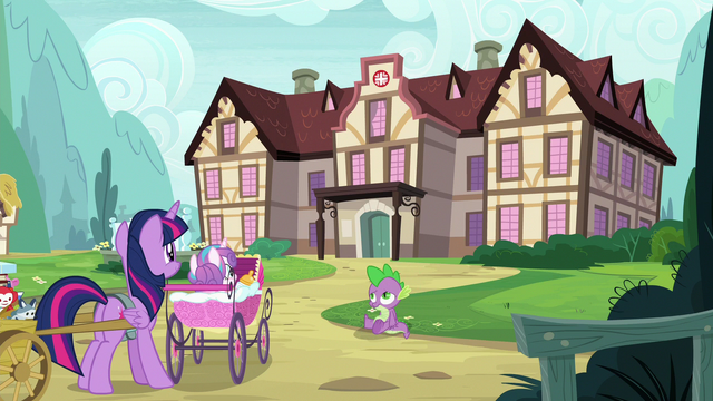 File:Twilight and Spike arrive at Ponyville Hospital S7E3.png
