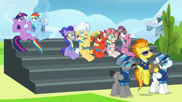 File:Twilight, Rainbow, and trainees cheer for Sky and Vapor S6E24.png