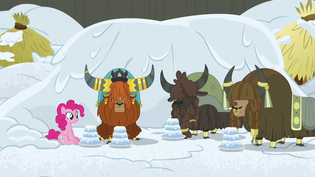 File:Pinkie and yaks in the new yak eating hut S7E11.png