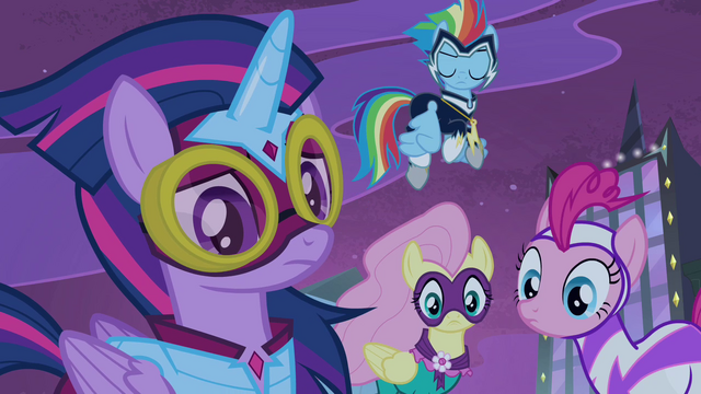 File:Power Ponies listening to Spike S4E06.png