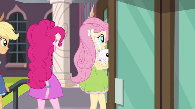 File:AJ, Pinkie, and Fluttershy enter the school EG3.png