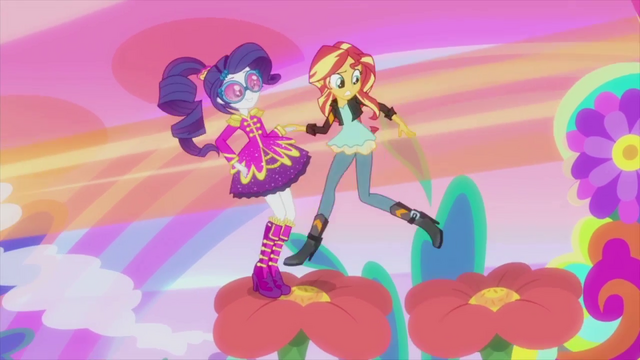 File:Sunset jumps onto Rarity's flower EG2.png