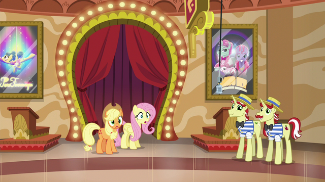 File:Applejack and Fluttershy hear incoming ponies S6E20.png