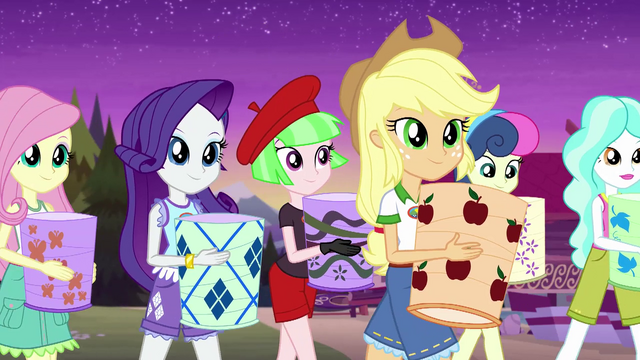 File:Fluttershy, Rarity, and AJ approach the dock with their lanterns EG4.png