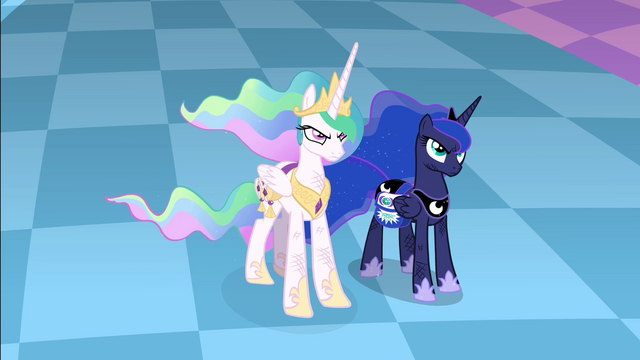 File:Celestia and Luna facing Discord S4E02.png