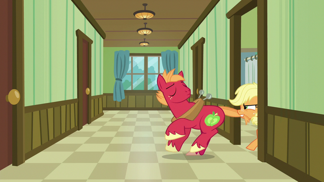 File:Applejack pulls Big Mac into the room by his tail S6E23.png