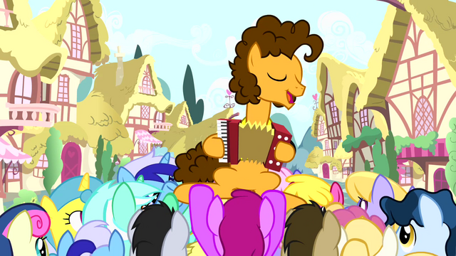 File:Cheese playing accordion while ponies surround him S4E12.png