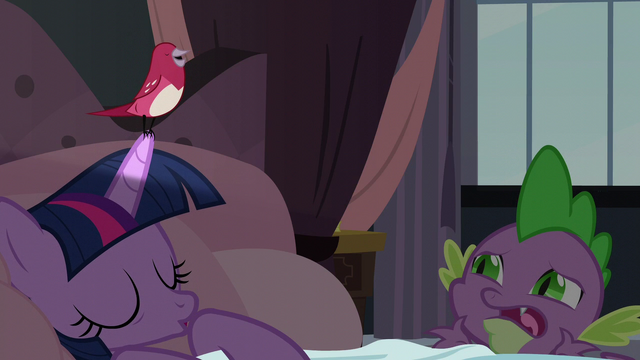 File:Bird singing while perched on Twilight's horn S5E10.png