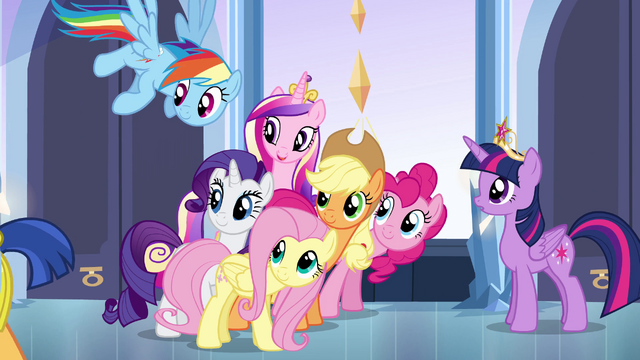 File:Main cast and Cadance looking back at Flash EG.png