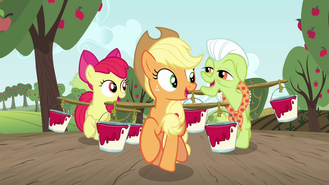 File:AJ, Apple Bloom, and Granny Smith carrying paint S3E8.png