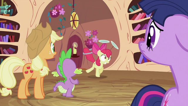 File:Applejack, Spike and Twilight looking at Apple Bloom S2E06.png