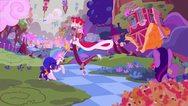 File:Discord with the princesses in clown costumes S5E26.png