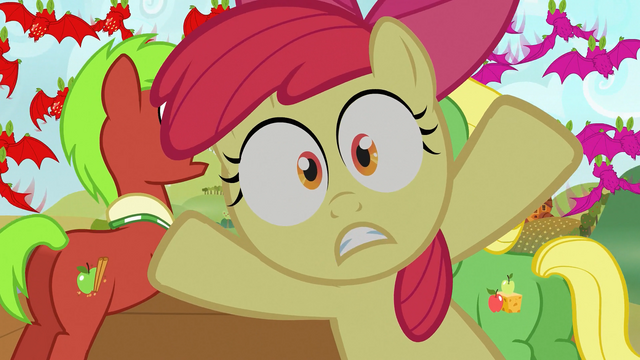 File:Apple Bloom Everypony jump out S03E08.png