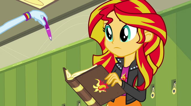 File:Sunset looking at Rainbow Dash's pen EG2.png