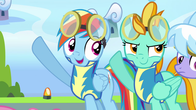 File:Rainbow and Lightning putting their hooves up S3E07.png