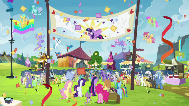 File:The ponies celebrating Twilight's arrival S4E22.png
