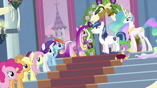 File:Twilight's friends, Spike, Cadance and Shining Armor S2E25.png